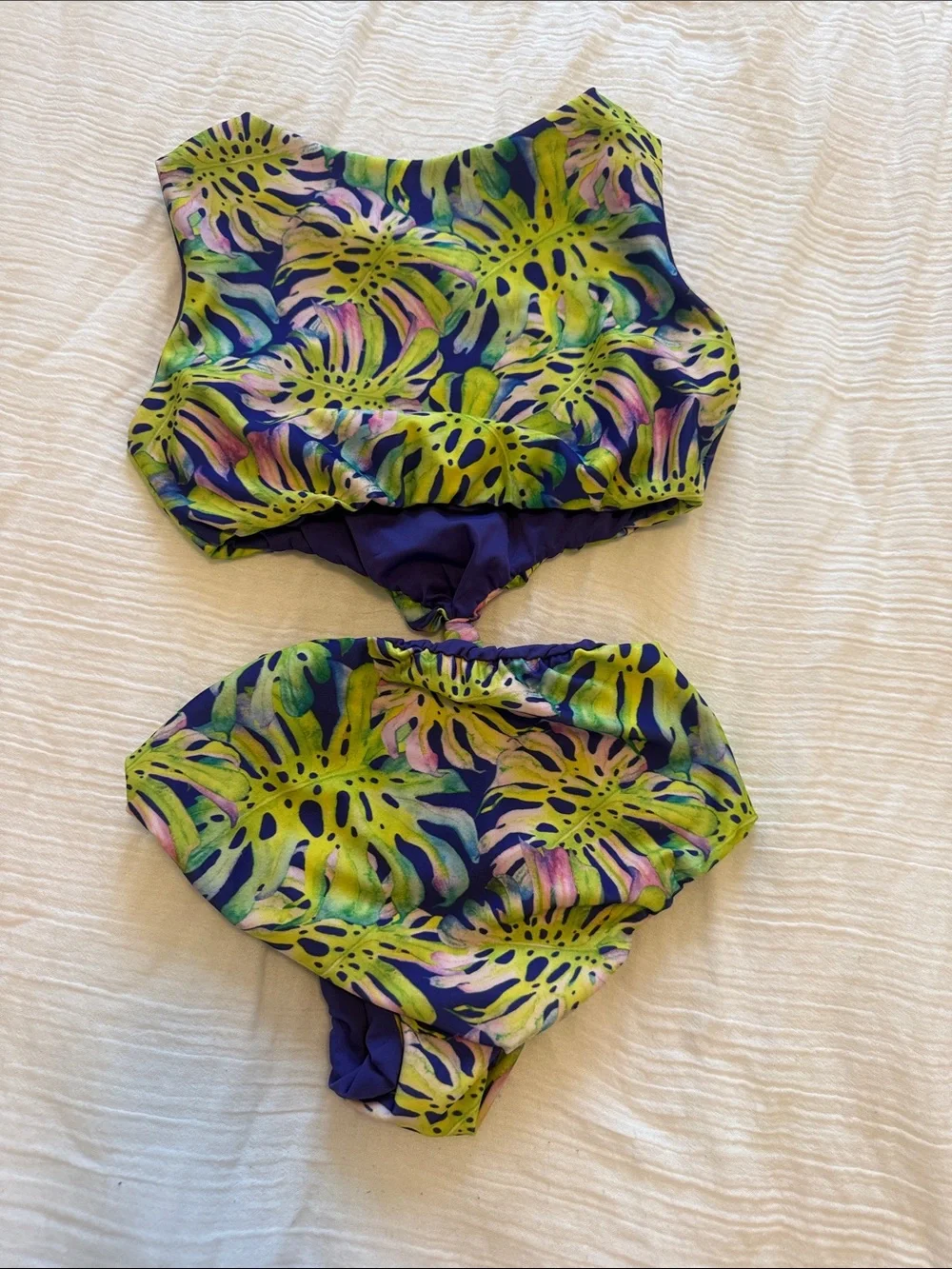 Girls size 7 reversible Tropical Print Two-Piece Swim Set - Lime & Navy